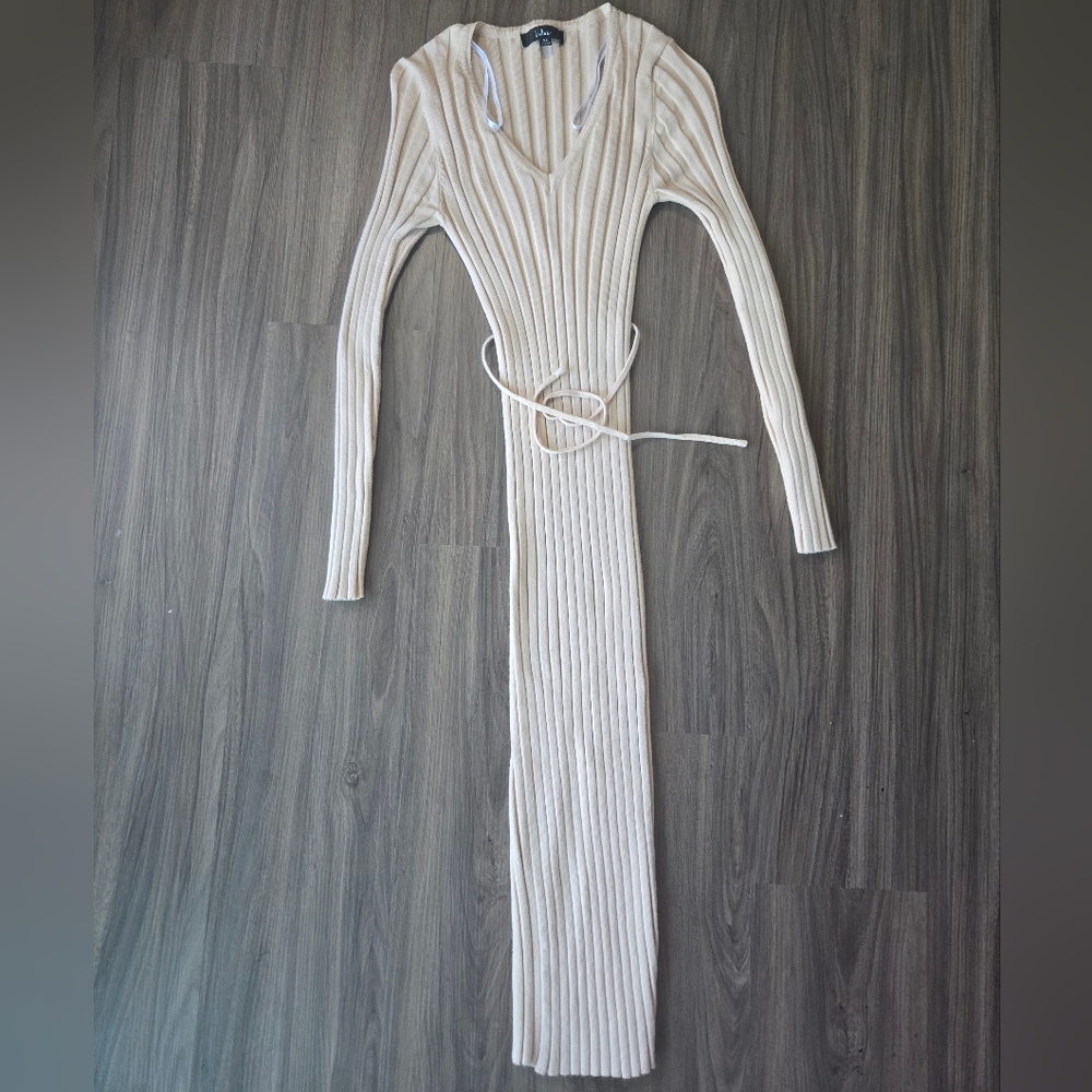 Lulu's Beige Ribbed Knit Dress